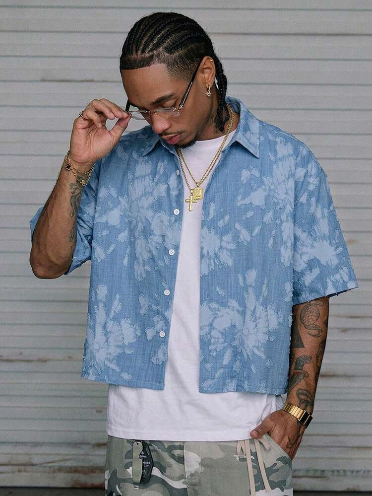 AXEPEAK Men's Plaid Woven Short Sleeve Cropped Shirt, Suitable For