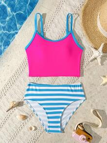 SHEIN Tween Girl Casual Backless Floral Cutout Design Camisole Tankini Set - Multicolor - View 3