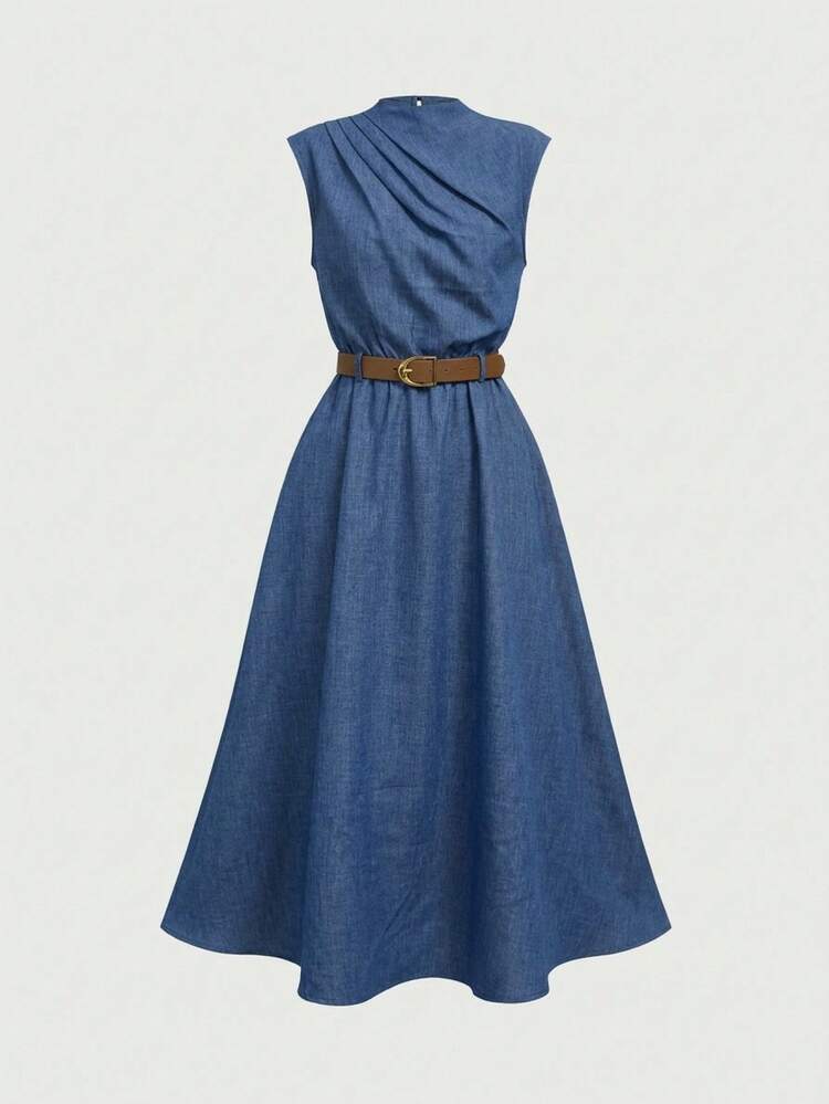SHEIN Girlism فستان أزرق أحادي اللون بخصر مشدود وياقة عالية بدون أكمام، شكل A-line مع حزام، مناسب للمراهقات في موسم العودة إلى المدرسة - الأزرق - مشاهدة 4
