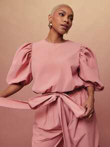 Vixey 纯色梭织蓬松花瓣袖松紧腰带上衣 - 粉色 - 查看 4