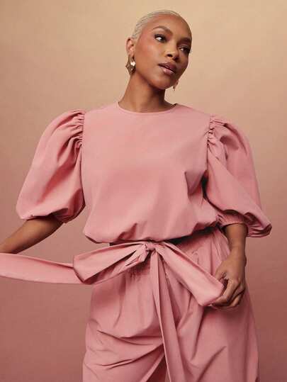 Vixey 纯色梭织蓬松花瓣袖松紧腰带上衣