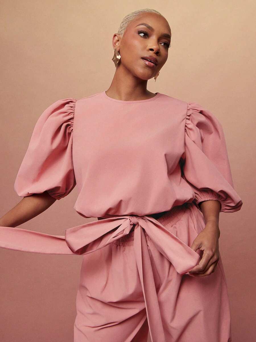 Vixey Áo dệt trơn tay phồng cánh hoa, eo chun, có thắt lưng - Hồng - Xem 1