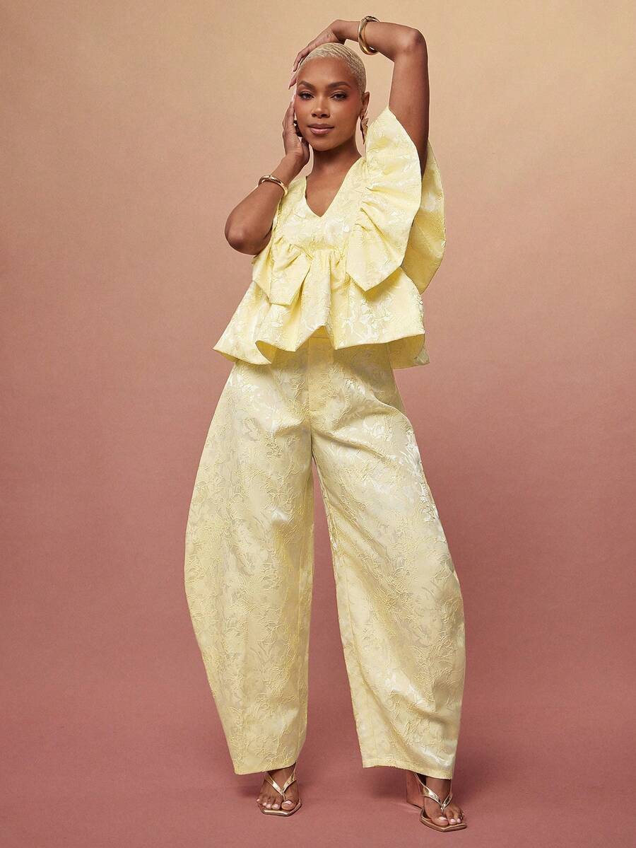 Vixey Floral Print Satin Jacquard Barrel Leg Pants - Yellow - View 1