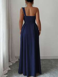 Elenzga Plus Size Women's Asymmetric Asymmetrical Shoulder Romantic Dress With Plus Size Bow Waist Tie, Suitable For Party, Wedding Guest, Bridesmaid, Autumn/Winter Women Elegant Outfits Where To Buy Evening Dresses Women's Dress Formal Wear Women Dresses Elegant Classic Bridesmaid Gown For Wedding - Navy Blue - View 2