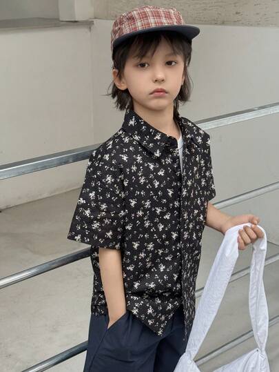 DAZY 男童印花翻领单排扣休闲百搭短袖衬衫，春夏款