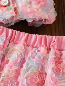 SHEIN 2pcs Baby Girl Pink Summer Cute 2nd Birthday Outfit,3D Rose Flower Tulle Ruffle Flutter Sleeve Button Tops And Skirts Set For Party Easter Birthday - Pink - View 7