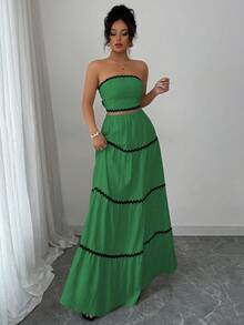 Rafferiza Petite Conjunto de moda con top bandeau y falda de pastel con patchwork, adecuado para fiestas y salidas - Verde - Ver 5