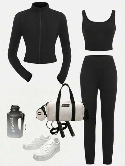 SHEIN Tween Girls Solid Black Knit Zip-Up Jacket + Tank Top + Legging 3Pcs Sportswear Set, Suitable For Casual Daily Wear, For Yoga For Sports Black Outfit Set Black Activewear Set Gym Clothes Fitness Outfit Sportswear Outfit Gym Outfit Fitness Clothes Black Fitness Outfit Fall Winter