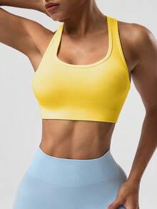 Easithlete 女士纯色无袖短款瑜伽背心 - 黃色 - 查看 5