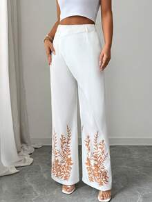SHEIN Elenzya Women's Elegant Positioned Floral Print White Asymmetrical Asymmetric Hem Pants, Suitable For Dates, Everyday Wear, Work, Casual, Vacation, White Wide Leg Pants Women, White Pants - White - View 6