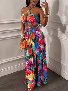 Glyssa Đầm nữ in hoa gợi cảm cổ yếm chéo lưng hở khoét eo thắt bèo nhún xẻ tà dáng ôm vừa vặn, thích hợp cho kỳ nghỉ biển. - Nhiều màu - Xem 4