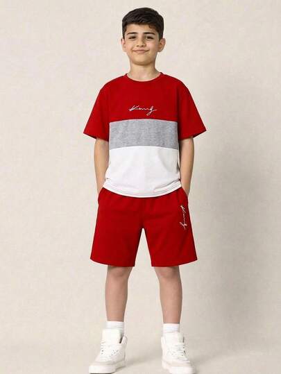 SHEIN Set de 2 piezas de camiseta de manga corta con cuello redondo y estampado de letras en bloques de color, y pantalones cortos para niño preadolescente, adecuado para ir al trabajo, la escuela, uso casual diario, deportes, primavera/verano