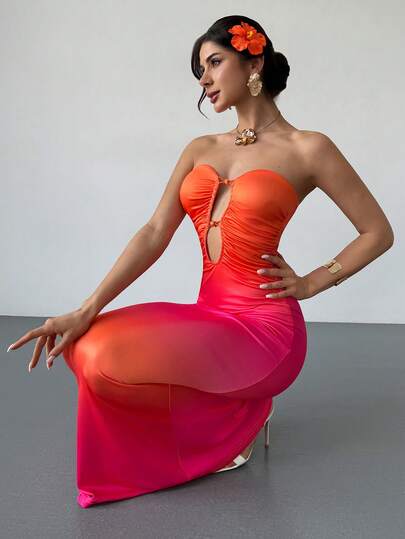 Rafferiza 女士优雅渐变色串珠印花无肩带收腰连衣裙