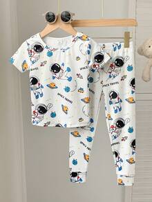 SHEIN 男童宇航员太空印花休闲简约修身圆领短袖睡裤套装，适合所有季节 - 白色 - 查看 3