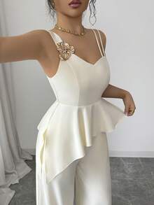 SHEIN Elenzya 女士杏色金色花卉装饰吊带露脐上衣，不规则下摆搭配阔腿裤，优雅休闲通勤度假复古法式街头时尚商务节日两件套，春夏款 - 杏色 - 查看 7