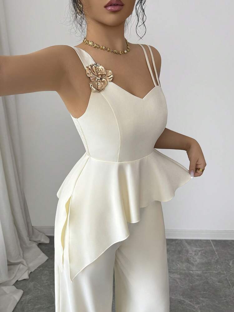 SHEIN Elenzya Conjunto de 2 piezas de top corto con tirantes de espagueti con decoración floral en color albaricoque y dorado, y pantalones de pierna ancha con bajo irregular, elegante y casual para uso diario, vacaciones, estilo vintage francés, negocios y festivales, primavera/verano - Albaricoque - Añade 7