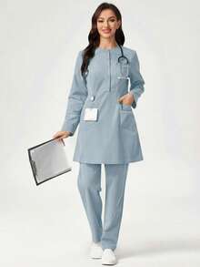 TaskEZ Women's Solid Color Round Neck Long Sleeve Top And Pants Casual Daily Uniform Set Scrub Sets For Women Light Blue Outfits Professional Clothes Work - Blue - View 5