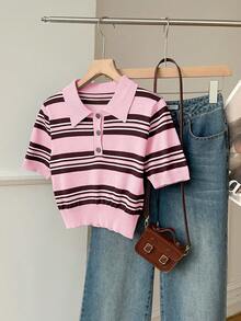 SHEIN EZwear 女士休闲日常条纹多色毛衣 - 粉色 - 查看 8