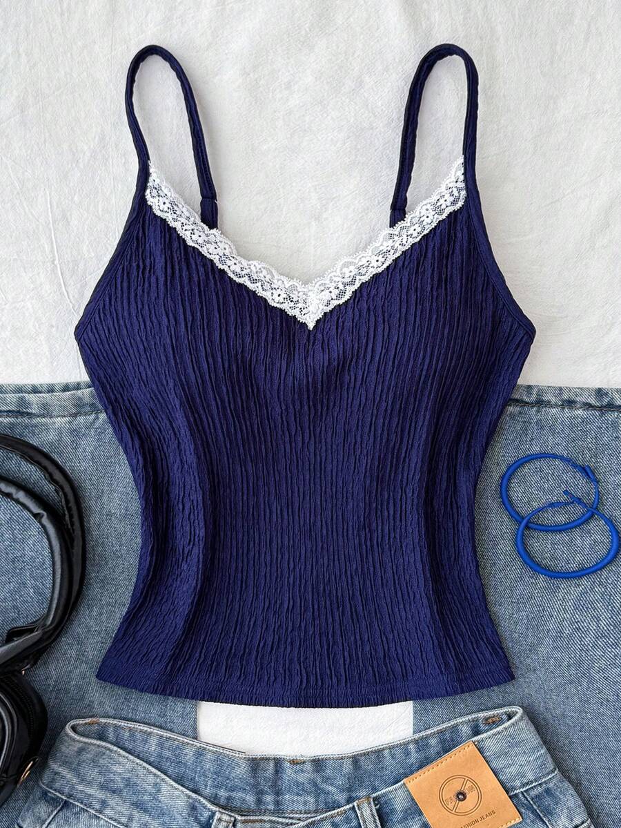 SHEIN 少女夏季藏蓝色针织纹理撞色蕾丝吊带背心,适合叠穿或单穿 - 藍色 - 查看 1