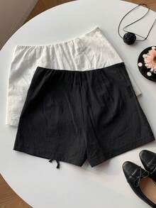 Comfortcana Quần short nữ màu trơn buộc dây, kiểu dáng tối giản, thích hợp mặc mùa hè. - Đen và trắng - Xem 2