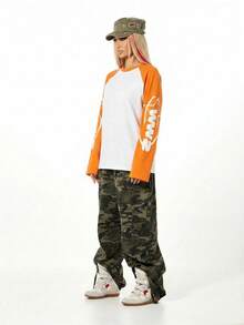 SUMWON WOMEN Kaos Lengan Panjang Raglan Gaya Baseball dengan Grafis Cetak Bola Basket, Atasan Streetwear Kasual Gaya Musim Gugur dan Musim Dingin - Jeruk - View 4