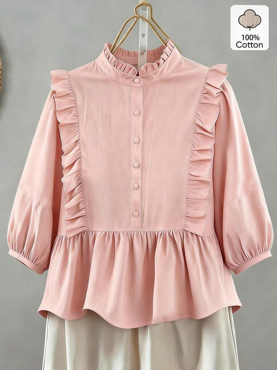 EMERY ROSE 休闲纯色荷叶边衬衫，夏季女装上衣，粉色娃娃衫，端庄夏季上衣，粉色荷叶边上衣，婴儿粉色上衣，荷叶边衬衫，粉色衬衫，可爱衬衫，荷叶边衬衫，女士衬衫，优雅工作衬衫，女士上衣和衬衫，Ysk服装，女士服装，工作衬衫，新款衬衫，女士衬衫，优雅荷叶边衬衫，带裙摆的衬衫 - 藕粉色 - 查看 1