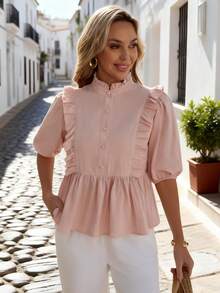 EMERY ROSE 休闲纯色荷叶边衬衫，夏季女装上衣，粉色娃娃衫，端庄夏季上衣，粉色荷叶边上衣，婴儿粉色上衣，荷叶边衬衫，粉色衬衫，可爱衬衫，荷叶边衬衫，女士衬衫，优雅工作衬衫，女士上衣和衬衫，Ysk服装，女士服装，工作衬衫，新款衬衫，女士衬衫，优雅荷叶边衬衫，带裙摆的衬衫 - 藕粉色 - 查看 6