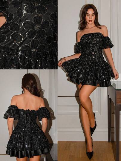 Poshira Sequin Glitter Fitted Cocktail Dress, High-End Elegant Party Gown Black Puff Dress Night Club Dress Black Corset Dress Black Glitter Dress Black Sparkle Dress Black Party Dress Black Cocktail Dress Dresses For Women Mini Dresses Short Party Dress Black Short Dresses Sexy Dress