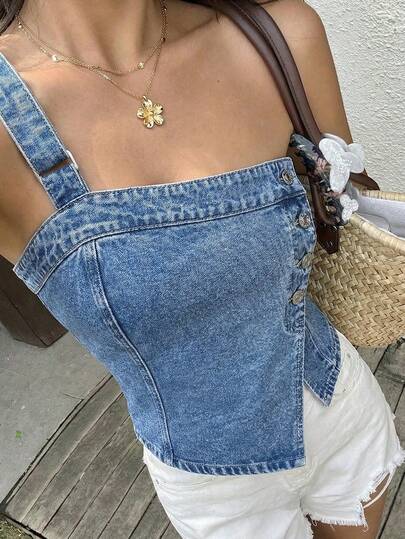 Sunnyshic Fashionable Casual Asymmetric Washed Denim Shoulder Top