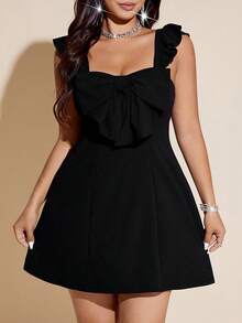 Viva Relle Plus Size Ruffle Strap Bow Tie Elegant A-Line Dress For Dates - Black - View 2