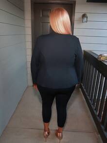 Enliva 大码女式纯色简约日常长袖外套，秋冬款，适合苹果型和圆润身材 - 黑色 - 查看 2