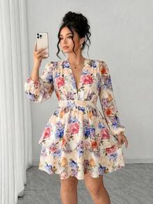 Elenzga 大码度假风印花泡泡袖交叉腰身显瘦春季连衣裙，派对连衣裙 - 彩色 - 查看 1