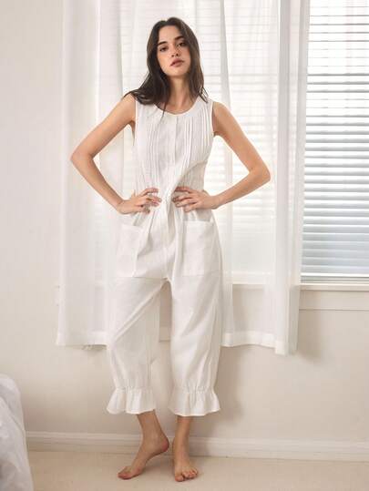 Ocili 白色棉质刺绣镂空花卉蕾丝简约舒适女式连体裤