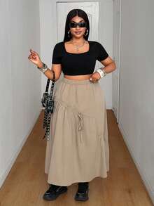 Maweii 褶裥抽绳A字宽松休闲通勤度假时尚小众设计新款必备日常穿搭通勤装卡其色大码女式长裙，春夏Y2K 2000年代风格女式夏季穿搭宽松女式夏季穿搭 - 卡其色 - 查看 6