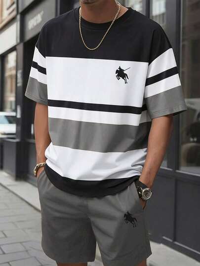 SHEIN Set de 2 piezas: Camiseta de manga corta con estampado de rayas y pantalones cortos deportivos sencillos para adolescentes varones, conjunto informal y transpirable para exteriores, adecuado para múltiples temporadas