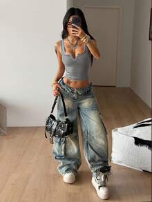 Coolane Bộ 3 áo croptop nữ mùa xuân/hè phong cách Y2K đường phố, thường ngày, tối giản, dệt kim gân, kẻ sọc, co giãn, kiểu corset, xẻ tà. - Nhiều màu - Xem 2