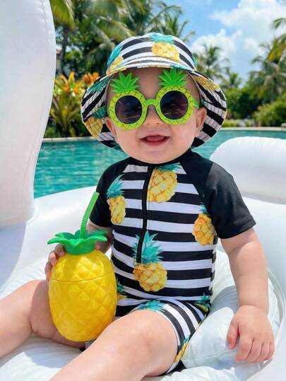 SHEIN Unisex Baby/Toddler Pineapple Print Color Block One-Piece Swimsuit, Suitable For Beach, Swimming, Vacation