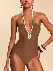 Travachic Áo tắm liền thân không tay, cổ yếm, phối màu tương phản dành cho nữ, thích hợp cho mùa hè đi biển. - Cà phê nâu - Xem 7