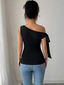 Selianne Women's Asymmetrical Shoulder Bowknot Black , Summer, Elegant, Party Night Fitted Top, White Faux Pearl Holiday Top, Carnival - Black - View 2