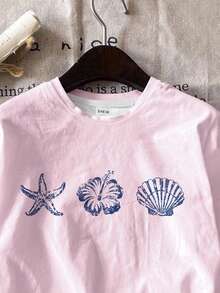 Light Pink, Fashionable Retro Beach Floral & Shell Print Tween Girl Casual Minimalist Short Sleeve Round Neck T-Shirt, Suitable For Spring/Summer Daily Wear - Multicolor - View 4