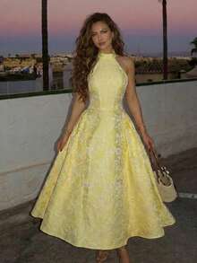 Glamine Charm Vintage 3D Embossed Floral V-Neck Sleeveless Flared Dress For Women Wedding Guest Party Dress Elegant Long Dress Birthday Dresses For Women Graduation Dress Women Dress For Wedding Guest Yellow Dresses For Women Elegant Yellow Formal Dress Halter Neck Dress Jacquard Yellow Dress Yellow Satin Dress Yellow Silk Dress Homecoming Dress Short Yellow Midi Dress Love And Lemonade Dresses Lemon Dress Women Yellow Floral Dress Women Tea Party Dress Yellow Easter Dress Women Yellow Spring Dress - Yellow - View 2