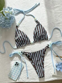 Swim Mod Women's Sexy Polka Dot Beaded Reversible Bikini Set, Beach/Pool Outfit For Summer - Multicolor - View 8