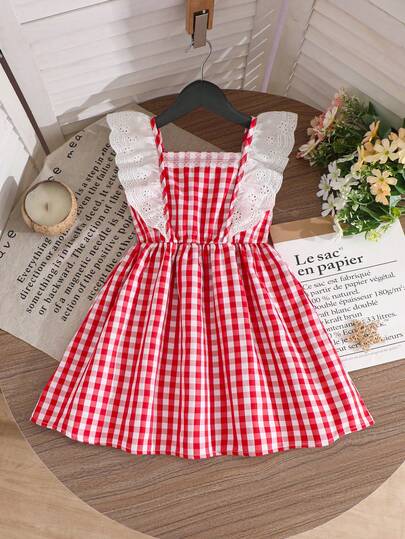 Souflis Souflis Young Girl' Sleeveless Lace Trim Asymmetrical Backless Woven Dress, Cute Summer New Arrival Outerwear For School & Holiday, Multi-Color