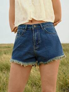 WESTFADE Plaid Star Back Pocket Cotton Blend Denim Shorts,Navy Blue,Summer,Country Western,Concert,Cowgirl,Boho,Vacation,Beach,Festival,Nashville Rodeo - Medium Wash - View 3