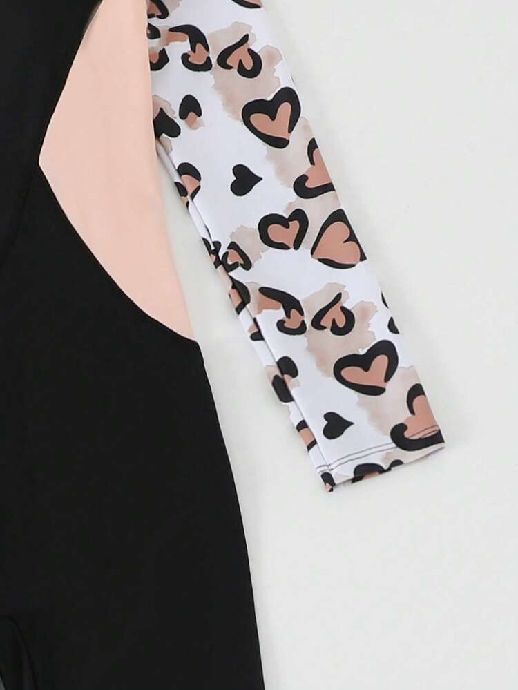 SHEIN Tween Girls One-Piece Swimsuit,Black & Pink Patchwork,Long Sleeve & Pants,Leopard Heart Print,Cute Summer Beach Rash Guard,Full Coverage Bathing Suit - Black - View 7