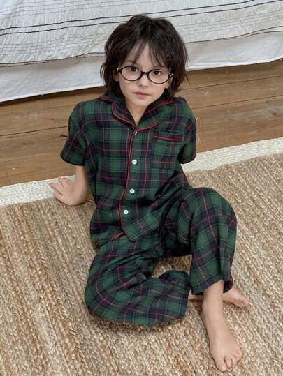 Dazy Kids 男童夏季休闲格子前开襟衬衫和裤子睡衣套装