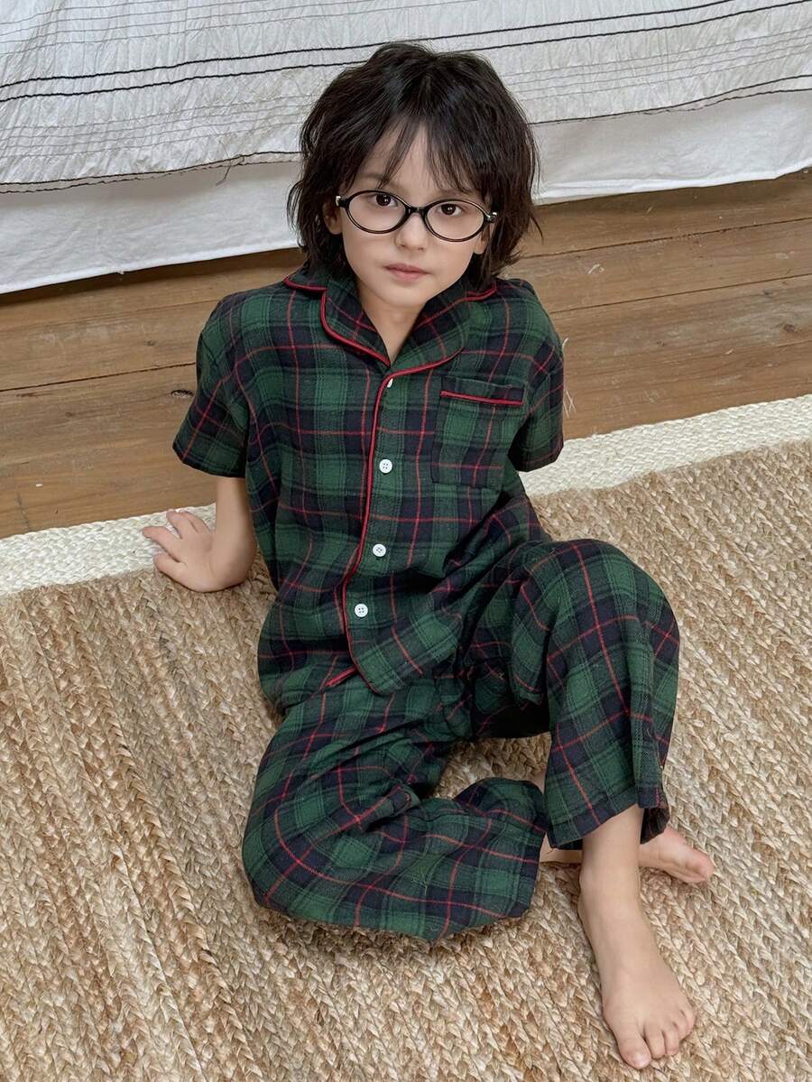 Dazy Kids 男童夏季休闲格子前开襟衬衫和裤子睡衣套装 - 綠色 - 查看 1