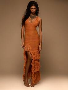 MUSERA 流苏针织圆领修身长裙，春夏优雅度假伊比沙岛俱乐部场合性感晚宴婚礼宾客日落之吻 - 橘色 - 查看 1