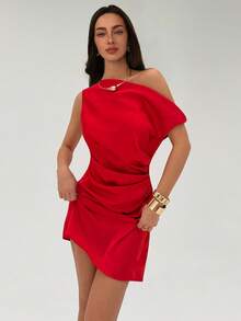Aloruh Nuevo vestido mini ajustado con hombro asimétrico, cintura fruncida, diseño estilizante, color albaricoque - Rojo - Ver 4