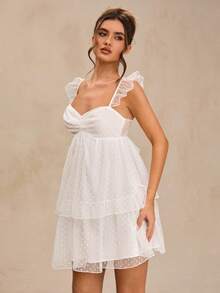 SHEIN BAE Đầm ngắn màu trắng trơn cổ chữ M xếp ly nhiều tầng hở lưng thắt nơ, thích hợp cho mùa xuân/hè, đầm trắng, đầm đi học, đầm dự đám cưới, đầm sinh nhật. - trắng - Xem 4